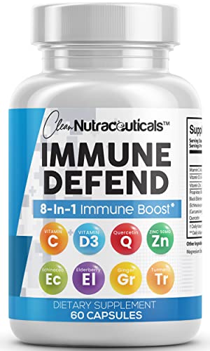 Immune Defense Support Supplement 8 in 1 w/Zinc 50mg Quercetin, VIT C 1000mg, Vitamin D3 5000 IU, Elderberry, Turmeric Curcumin, Ginger, Echinacea - Immunity System Booster Adults Vegan - 60Ct (USA)