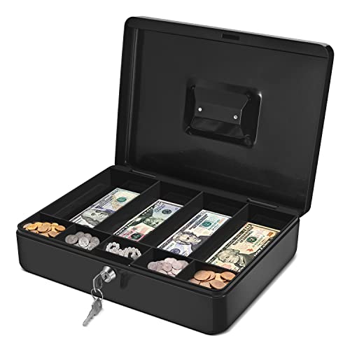 Flexzion Cash Box with Money Tray and Lock - Metal Cash Box for Small Businesses, 9-Compartment Black Money Box with Lock and Key for Petty Cash, Checks, Coins, Portable Money Box for Cash Storage