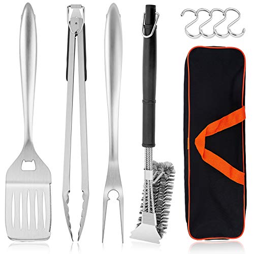 HaSteeL Grilling Utensil Set 18in, Stainless Steel BBQ Accessories Tools with Bag for Outdoor Cooking Camping, Heavy Duty Grill Spatula, Tong, Meat Fork, Basting Brush, Cleaning Brush, Man’s Gift