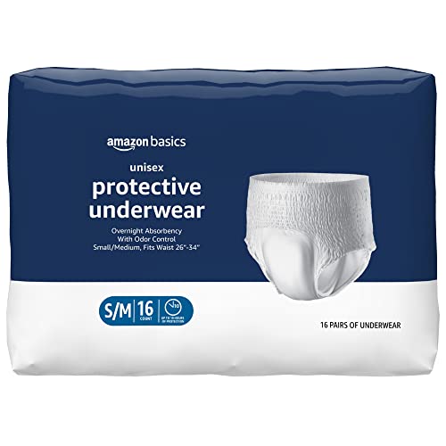 Amazon Basics Incontinence Underwear for Men and Women, Overnight Absorbency, Small/Medium, 16 Count, White (Previously Solimo)