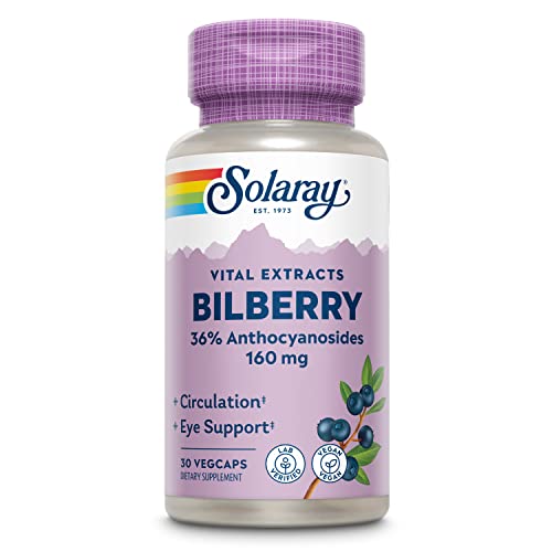 SOLARAY Bilberry Extract 160 mg, Eye Health & Circulation Support, 36% Anthocyanosides Plus Blueberry, Vegan, 30 VegCaps