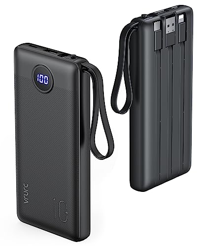 VRURC Portable Charger with Built in Cables, 10000mAh Slim USB C Power Bank,5 Output 2 Input LED Display External Battery Pack Phone Charger Compatible with iPhone,Samsung,Android-Black(1 Pack)
