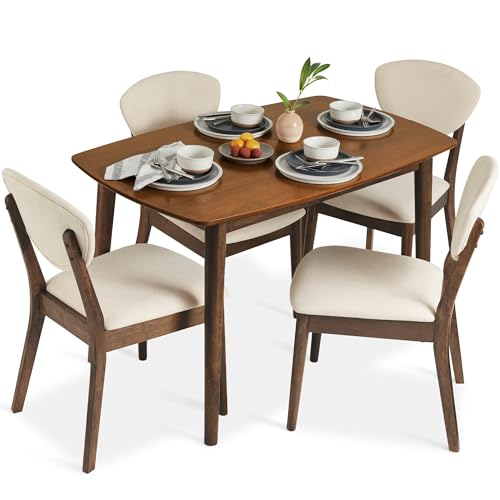 Best Choice Products 5-Piece Dining Set, Compact Mid-Century Modern Table & Chair Set for Home, Apartment w/ 4 Chairs, Padded Seats & Backrests, Wooden Frame - Brown/White
