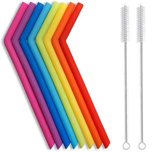 Hiware Reusable Silicone Straws, Long Flexible Silicone Drinking Straws with Cleaning Brushes for 30 oz Tumblers RTIC/Yeti - 10 Pieces - BPA-Free - No Rubber Taste