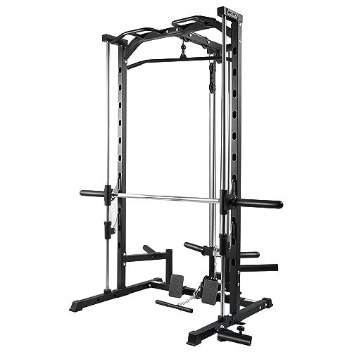 RitFit Smith Machine Power Rack with LAT-Pull Down System, Landmine, Barbell Bar, Plate Storage Pegs and More Training Attachment