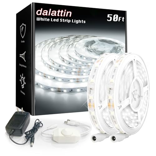 dalattin White LED Strip Lights 50ft Dimmable Bright 24V Led Light Strip 6500K Daylight White 900 LEDs Lights for Bedroom, Mirror, Kitchen, Strong Adhesive（2 Rolls of 25ft）