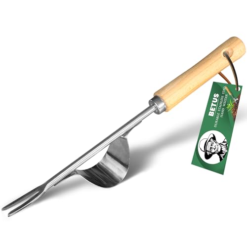Betus Manual Hand Weeder - Bend-Proof Leverage Base for Super Easy Weed Removal & Deeper Digging - Sturdy Chrome Plated Steel - Compact Garden Weed Puller Tool for Yard Lawn and Farm
