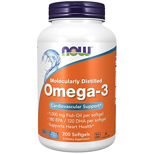 NOW Supplements, Omega-3 180 EPA / 120 DHA, Molecularly Distilled, Cardiovascular Support*, 200 Softgels