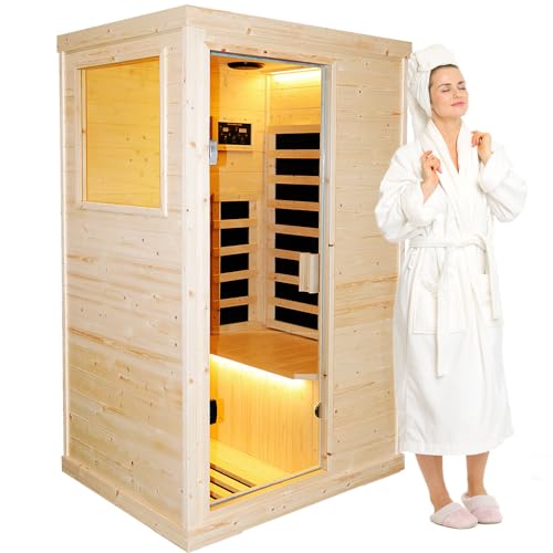 OUTEXER Far Infrared Wooden Sauna Room Home Sauna Spa Low-EMF Dry Saunas Single Person Spa Finland Spruce Wood fit for 7ft Person