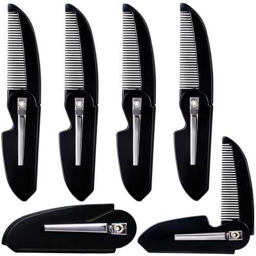 CustomyLife 6pcs Folding Mustache Combs for Men, Portable Fine Teeth Beard Comb, Saw-Cut Plastic Pocket Comb for Hair Care Styling Grooming-Black