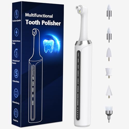 Akizbeir Electric Tooth Polisher, Rechargeable Dental Polisher for Teeth Cleaning and Whitening, Electric Dental Care Kit with 5 Multifunctional Brush Heads, 5 Speed Modes, and IPX6 Waterproof（White）