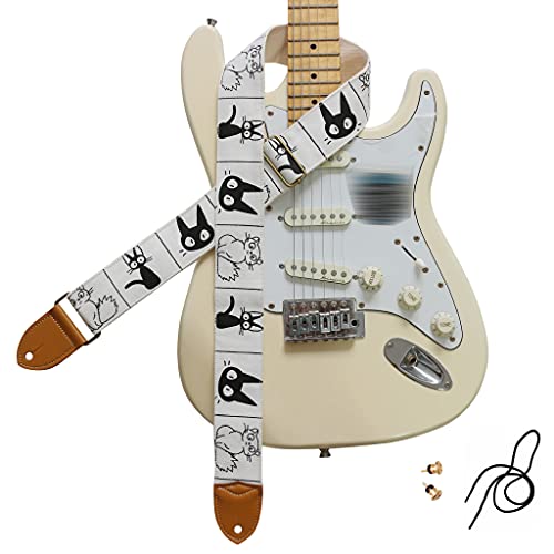 MUSIC FIRST Original Design, 2 inch width (5cm), Cute Comic Cat Soft Cotton Canvas & Genuine Leather Electric Guitar Strap (Comic Cat)