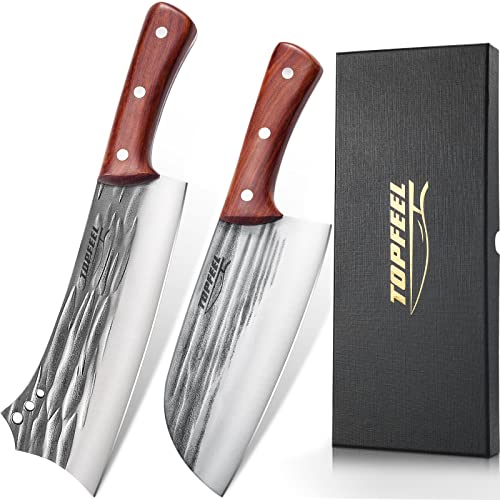 Topfeel 2 pcs Meat Cleaver & Heavy Duty Bone Chopper Knife Set, Hand Forged German High Carbon Stainless Steel Butcher Knife for Home Kitchen & Outdoor…