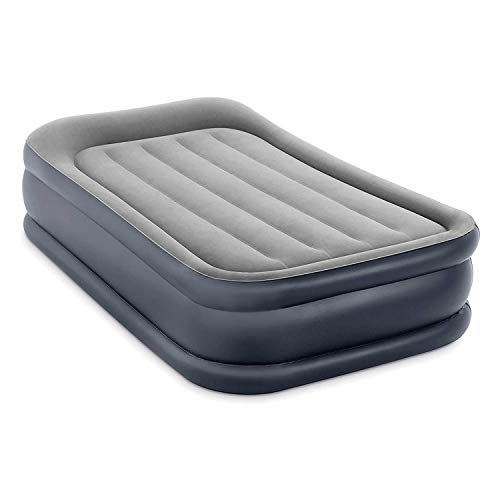 INTEX 64131ED Dura-Beam Plus Deluxe Pillow Rest Air Mattress: Fiber-Tech – Twin Size – Built-in Electric Pump – 16.5in Bed Height – 300lb Weight Capacity, Grey