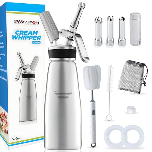 Professional Whipped Cream Dispenser - Aluminum Cream Whipper Durable Whip Cream Canister Whipping Siphon with 3 Decorating Nozzles and 2 Bonus Silicone Seals, 1-Pint Gourmet Cream Whipper
