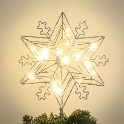 Christmas Tree Topper, PHITRIC 10 Inches Silver Snow Lighted Tree Topper, Six-Point Star Pattern 20 LED Lights Silver Glitter Powder Christmas Tree Star Tree Toppers Christmas Decorations