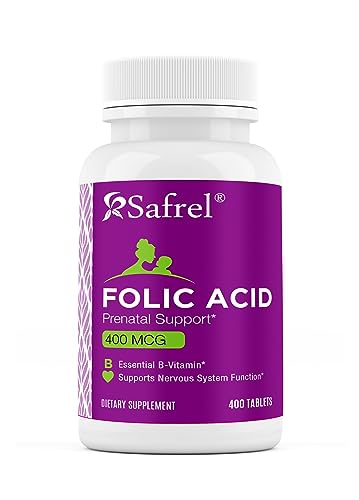 Safrel Folic Acid 400 mcg - Vitamin B9-400 Tablets, Essential Prenatal and Postnatal Vitamin for Fetal Development, Red Blood Cell Production, Cell and Neural Development | Non-GMO, Vegan