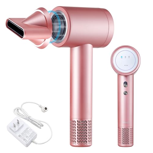Cordless Ionic Hair Dryer with Digital Screen, 4 Mode Charging Blow Dryer with Magnetic Nozzle, Travel Hair Dryer for Women Kids Outdoor Camping Beaches (Pink)