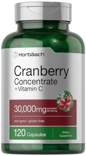 Cranberry Concentrate Extract Pills + Vitamin C | 30,000mg | 120 Capsules | Triple Strength Ultimate Potency Formula | Non-GMO and Gluten Free Cranberry Supplement | by Horbaach