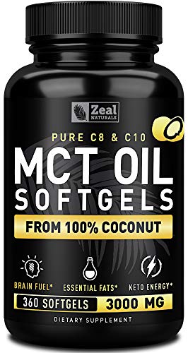 Pure MCT Oil Capsules (360 Softgels | 3000mg) 4 Month Supply Keto Pills w Unrefined Coconut - C10 & C8 Brain Fuel, Energy, Octane Ketosis