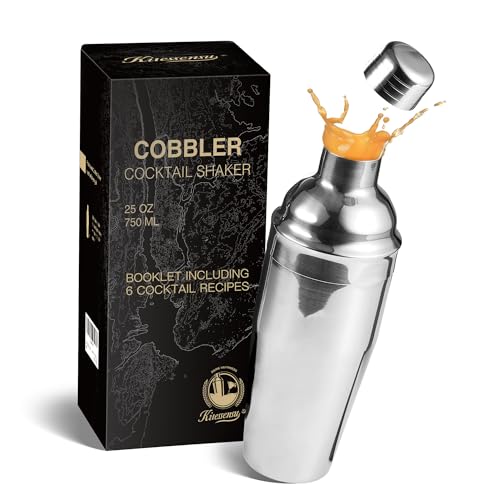 KITESSENSU Cobbler Cocktail Shaker - 25 OZ Martini Shaker with Strainer - Premium 18/8 Stainless Steel Drink Mixing Shaker with Recipes Booklet - Silver