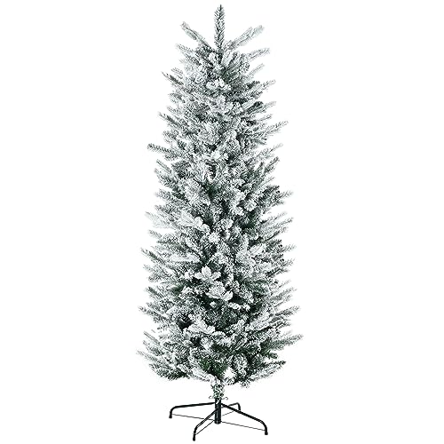 HOMCOM 6ft Tall Flocked Artificial Christmas Tree Holiday Décor with 477 Snow Branches, Auto Open, Steel Base, Green