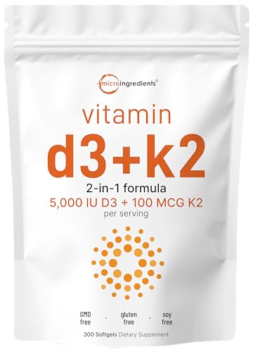 Micro Ingredients Vitamin D3 5000 IU with K2 100 mcg, 300 Soft-Gels | K2 MK-7 with D3 Vitamin Supplement, 2 in 1 Support Immune, Heart, Joint, Teeth & Bone Health - Easy to Swallow