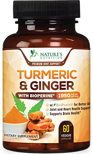 Turmeric Curcumin with BioPerine & Ginger 95% Standardized Curcuminoids 1950mg Black Pepper for Max Absorption Joint Support, Nature