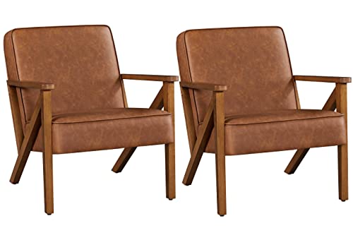 Yaheetech Accent Chair, Armchair with Strong Wood Frame, PU Leather Modern Retro Lounge Chair for Living Room/Lounge/Office/Reception Area, 2 Pieces, Light Brown