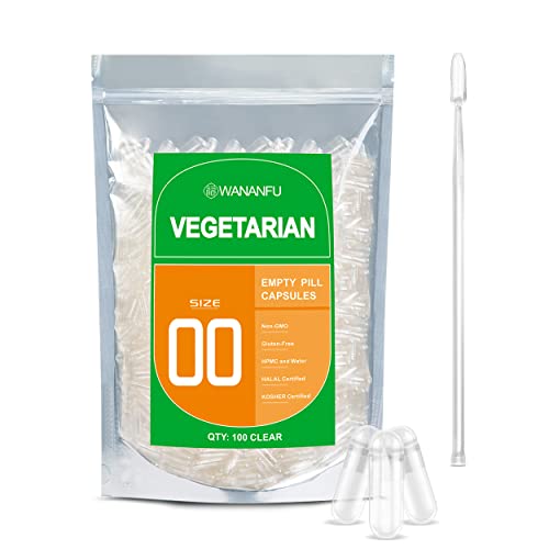 wananfu Size 00 Empty Capsules Vegetarian (100 Count) Bundle with Micro Lab Spoon, Clear Fillable Veggie Pill Capsules 00 for Making Your Own Supplements
