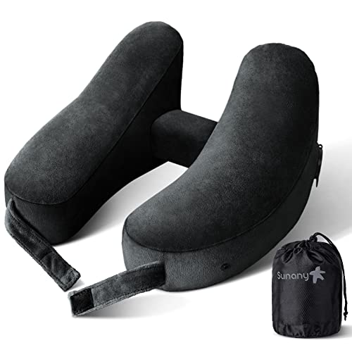Neck Pillow for Travel Inflatable Airplane Pillow Comfortably Supports Head, Neck and Chin, Inflatable Travel Pillow with Soft Velour Cover and Portable Drawstring Bag (Black)