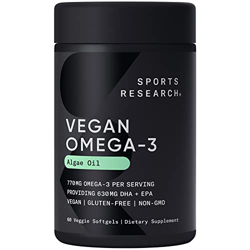 Sports Research Highest Levels of Vegan DHA & EPA Fatty Acids - Non-GMO Verified & Vegan Certified Algae Oil - 60 Veggie Softgels (Carrageenan Free)