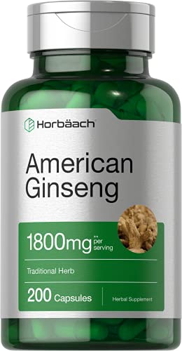 American Ginseng Capsules | 1800 mg | 200 Count | Non-GMO, Gluten Free Supplement | Ginseng Root Extract Complex | by Horbaach