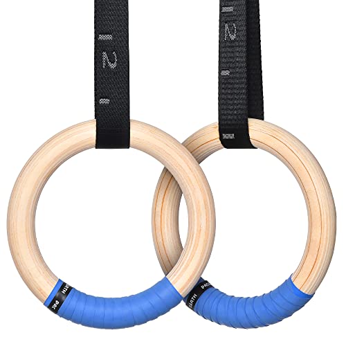 PACEARTH Gymnastics Rings Wooden Olympic Rings 1500/1000lbs with Adjustable Cam Buckle 14.76ft Long Straps with Scale Non-Slip Gym Rings for Home Gym Full Body Workout