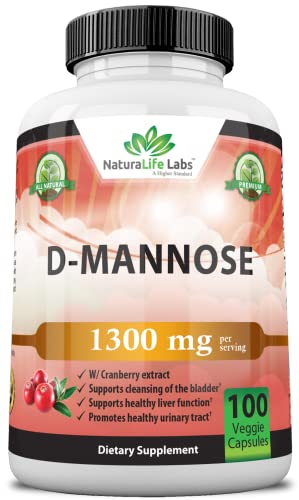 D-Mannose 1,300 mg with Cranberry Extract Fast-Acting, Flush Impurities, Natural Urinary Tract Health- 100 Veggie Capsules