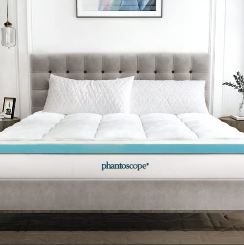 Phantoscope 4 Inch Dual Layer Memory Foam Mattress Topper, Queen Size, 2 Inch Cooling Gel Memory Foam + 2 Inch Cotton Pillow Top Cover, Relieve Hip and Back Pain for Stomach and Side Sleepers White