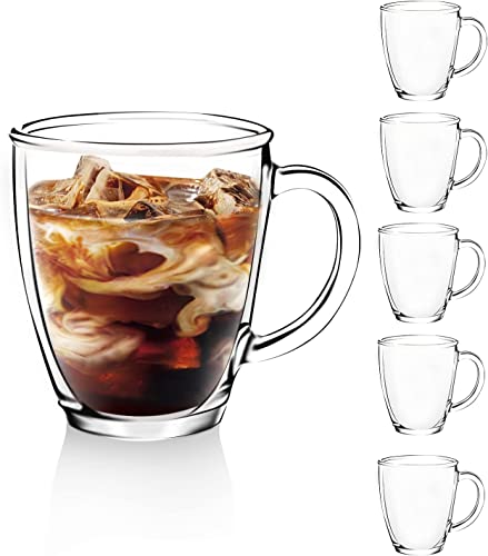 D.M DESIGN·MASTER [6 PACK,12 OZ] - Premium Glass Coffee Mugs with Handle. Transparent Tea Glasses for Hot/Cold Beverages, Perfect Design for Americano, Cappuccino, Tea and Beverage.