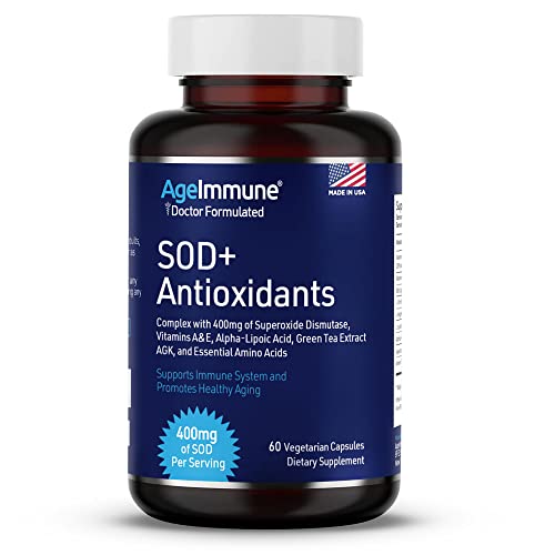 SOD Antioxidants Complex Healthy Aging Supplement - 400mg of Superoxide Dismutase - Alpha Lipoic Acid - L-Arginine -Lysine - AKG - Vitamin A - Vitamin E for Immune Support -60 Capsules