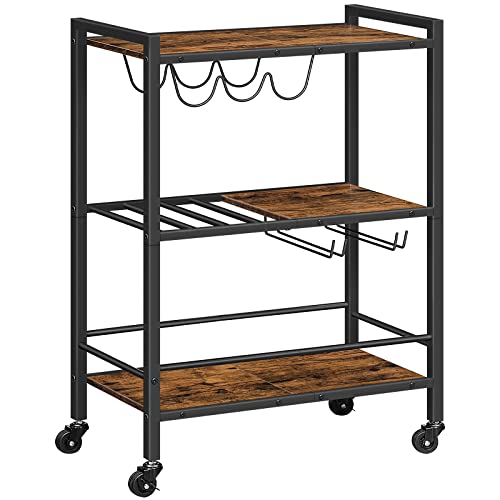 HOOBRO Bar Cart, 3-Tier Coffee Cart with Wheels, Kitchen Cart, Wine Cart with Wine Rack and Glass Holder, Rolling Serving Cart for Home, Living Room, Party, Bar, Rustic Brown and Black BF35TC01G1