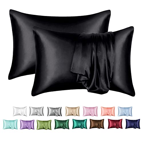 MR&HM Satin Pillowcase for Hair and Skin, Silk Satin Pillowcase 2 Pack, Queen Size Pillow Cases Set of 2, Silky Pillow Cover with Envelope Closure (20x30, Black)