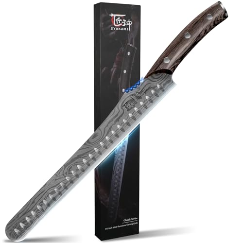 SYOKAMI Multifunction Carving Knife, 12 Inch High-Carbon Japanese Style Brisket Knife With Wood Handle, Damascus Pattern Full Tang Design, Razor-Sharp Slicing Knife For Meat Cutting With Gift Box