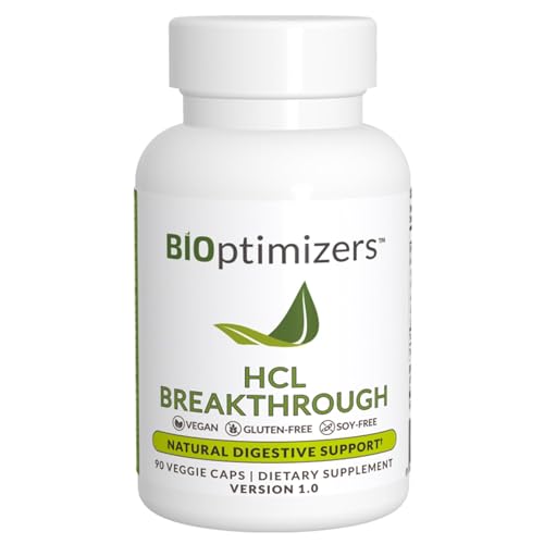 BiOptimizers HCL Breakthrough - Betaine Hydrochloride Enzymes Supplement - Assists with Protein Breakdown and Absorption - Helps Gas and Heartburn Relief - 90 Pepsin-Free Capsules