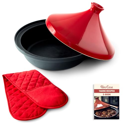 Uno Casa Cast Iron Tagine Pot Moroccan for Cooking - 3.65 Quart Tajine Pot Moroccan with Enameled Cast Iron Base and Ceramic Lid, Finest Cookware - Tangine Pot Red Double Oven Mitts Included