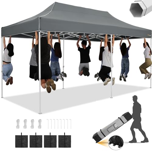 HOTEEL 10x20 Heavy Duty Pop Up Canopy Tent, Outdoor Canopy Tents for Parties, Commercial Easy Up Canopy Wedding Event Tent, All Season Wind UV 50+ & Waterproof with Roller Bag, Thickened Legs, Grey