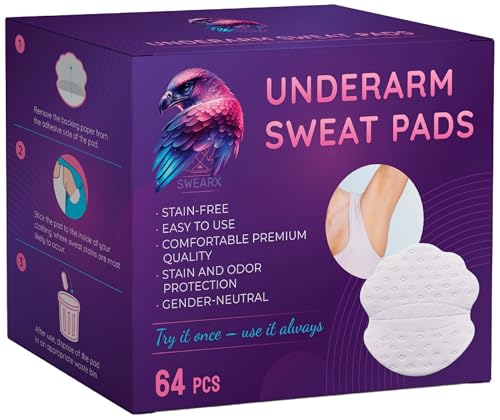 Swearx Underarm Sweat Pads for Women and Men - Disposable Armpit Sweat Blocker - Comfortable, Thin, Stick-On Sweat Guard Pads for Underarms - Prevents Sweat Stains, Pack of 64, Armpit liners