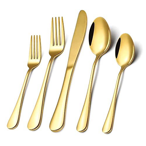 Gold Silverware Flatware Set for 8, 40 Piece Stainless Steel Cutlery Set With Titanium Golden Plated, Tableware Kitchen Utensil Include Spoons, Forks, Knives, Mirror Polished, Dishwasher Safe