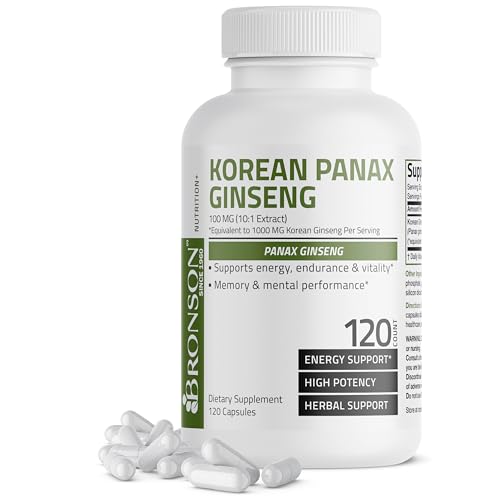 Bronson Korean Panax Ginseng (1000mg per Serving Equivalent from 10:1 Extract) Supports Energy, Endurance & Vitality + Memory and Mental Performance, 120 Capsules