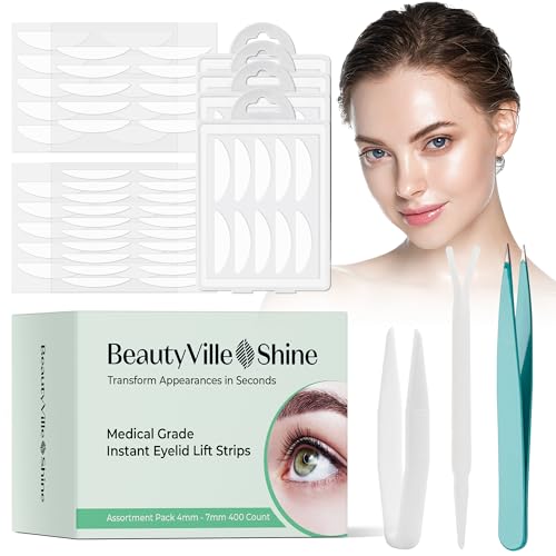 Eyelid Lifter Strips for Hooded Eyes: Eyelid Tape for Droopy Eyes Invisible - Double Lifter Sticker - Best Design Eye Lid Lifters By BeautyVille Shine - Instant & Waterproof Fashion Tape (4-7mm) 400ct