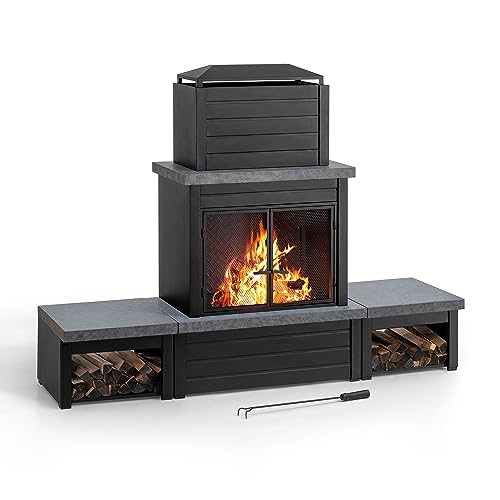 Sunjoy Outdoor Fireplace, Patio Wood Burning Steel Fireplace with Chimney, Log Holders, Fireplace Tool and PVC Cover, Black