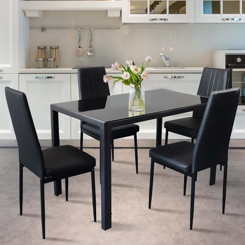 ELRINA Super Stable Dining Table Set for 4, 5-Piece Kitchen Table and Chairs for 4, Modern Glass Dining Room Table & PU Leather Metal Chairs, Kitchen Table Set for Small Spaces, Breakfast Nook, Black